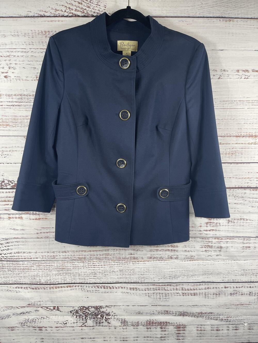 Boutique Essentials Blazer Jacket Women's SZ 10 Navy Blue Collarless 3/4 Sleeve